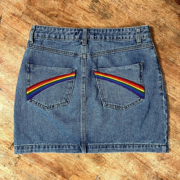 Forever 21 Denim Rainbow Mini Skirt Womens M Button Fly Pride Hippie Festival - Picture 1 of 8